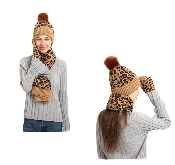 Women's Winter Leopard Print Scarf, Hat and Gloves Set